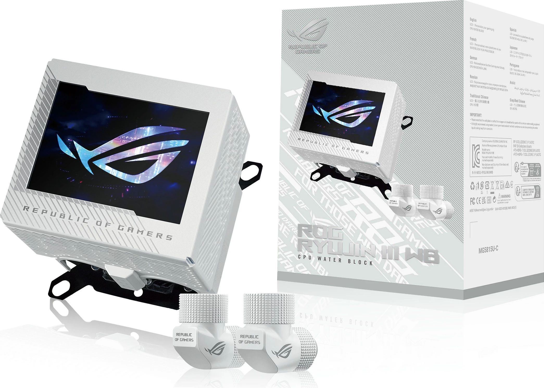 Ftohës uji (waterblock) për CPU ASUS ROG Ryujin III WB, LCD, për Intel/AMD, i bardhë