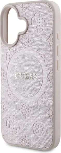 Mbështjellës Guess Saffiano Peony Classic Logo MagSafe për iPhone 16, Rozë