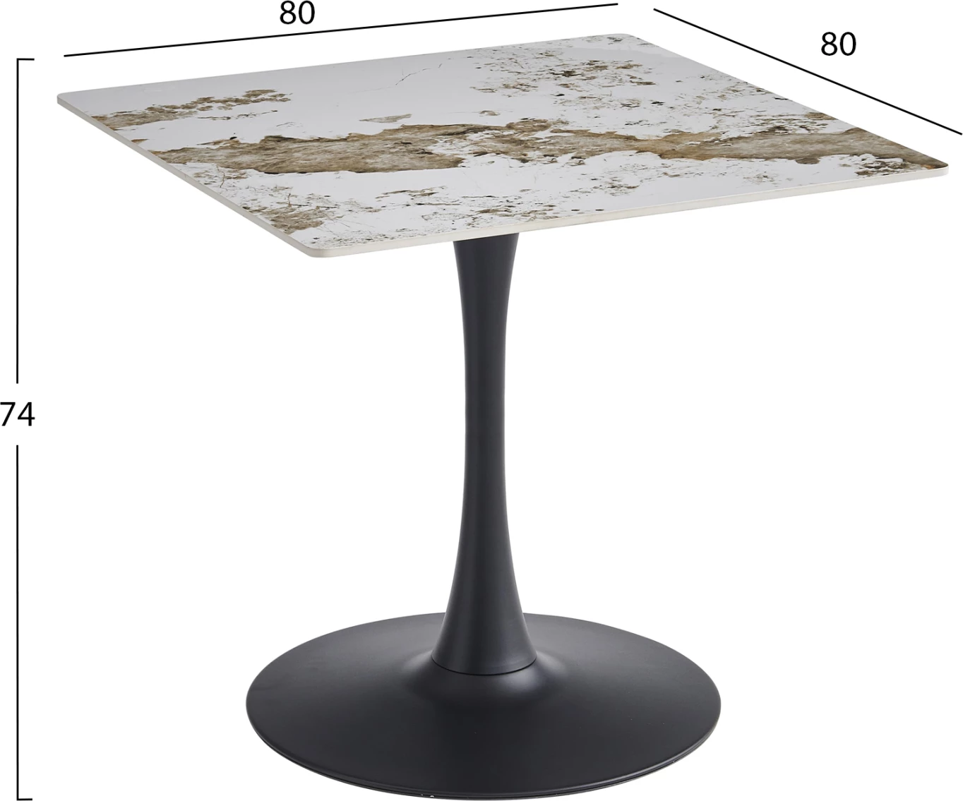 Tavolinë ngrënieje TETRAN, bazë metalike e zezë, sipërfaqe prej guri të sinterizuar, ngjyrë Pandora, 80x80x74cm