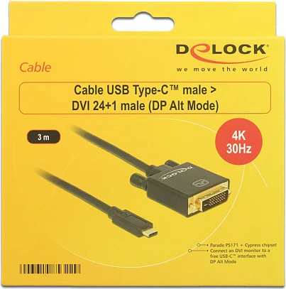 Kabllo DeLOCK USB-C në DVI-D 24+1, 3 m, 3840x2160 (4K), e zezë