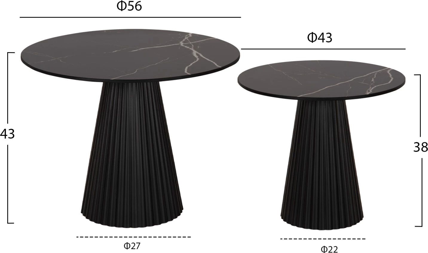 Tavolina kafeje 2 copë DIEN FH9926, baza metalike dhe sipërfaqe qeramike, ngjyrë e zezë, Φ56&Φ43 cm