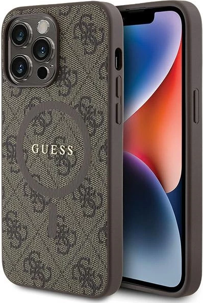 Mbështjellës Guess 4G Collection Leather Metal Logo MagSafe për iPhone 13 Pro / iPhone 13, Kafe