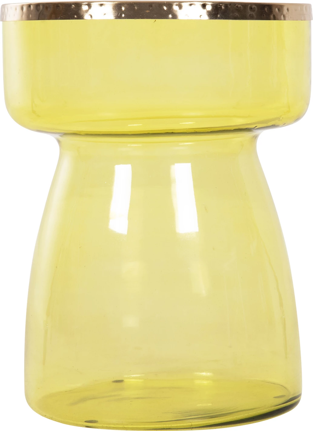 Tavolinë anësore RANE, bazë qelqi e gjelbër e lehtë, sipërfaqe metalike në ar, Φ36x47H cm