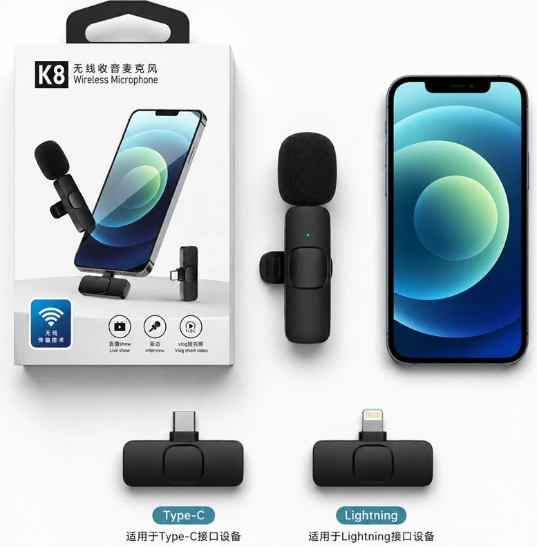 Mikrofon Wireless K8 me Marrës USB-C dhe Lightning për Video, Vlog dhe Intervista