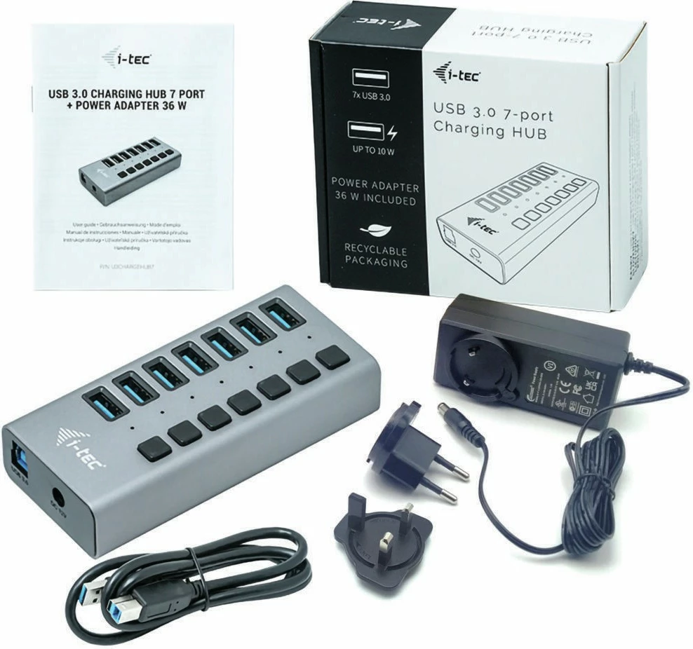 HUB USB 3.0 I-Tec 7 porta, 36W, alumini, gri