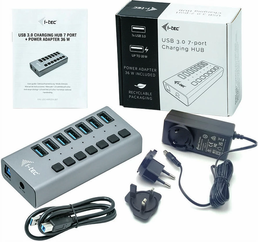 HUB USB 3.0 I-Tec 7 porta, 36W, alumini, gri