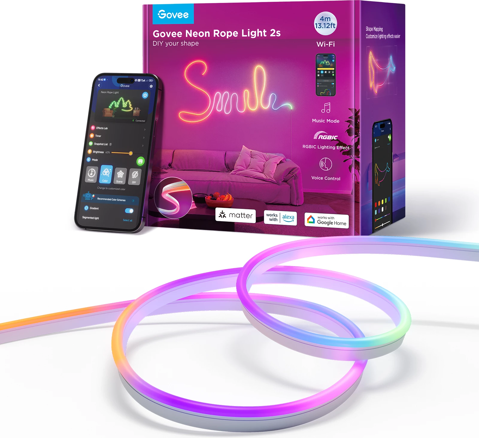 Shirit LED neon Govee Neon Rope Light 2S H61D4-W 4m RGBIC Bluetooth, i bardhë