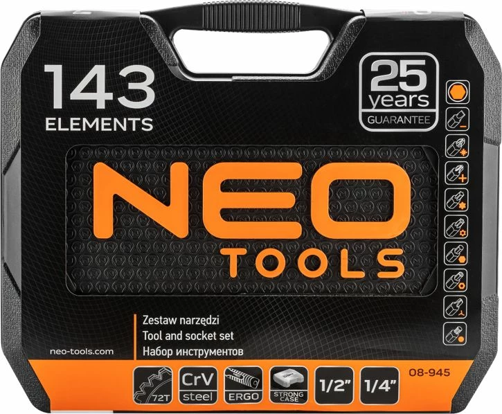 Set veglash Neo 08-945 143 copë (1/2\" & 1/4\"), portokalli/zezë, në valixhe