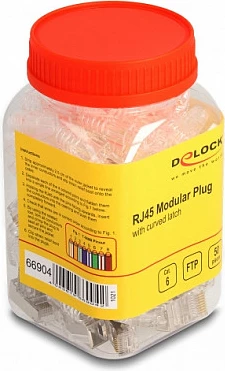 Steker RJ45 DeLOCK Cat6, me kapëse të lakuar, me mbrojtëse kthese, 50 copë, gri/transparent