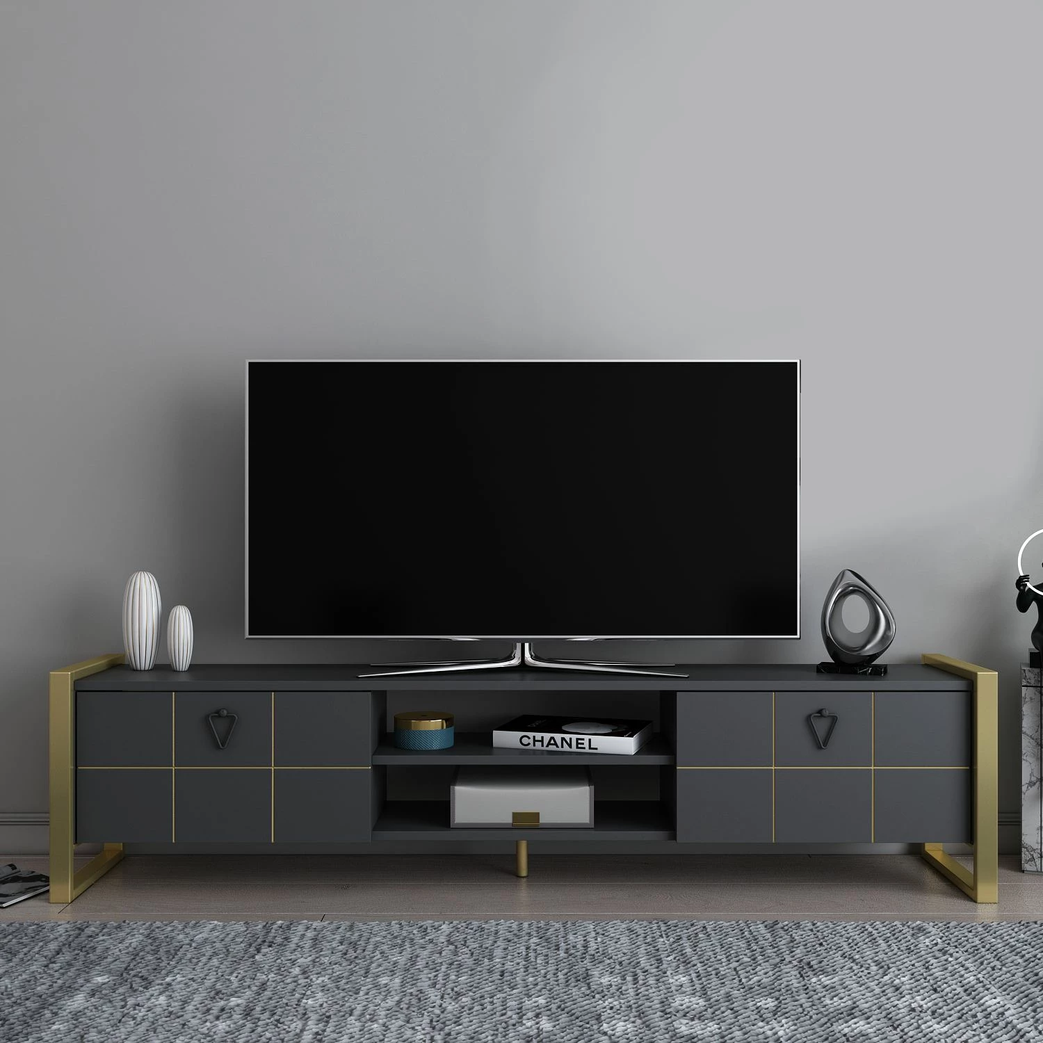 Komodë TV Skye Decor, Mila, antracit dhe ar