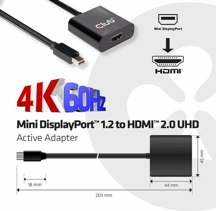 Adapter Club3D Mini DisplayPort në HDMI 2.0, 4K60Hz, i zi