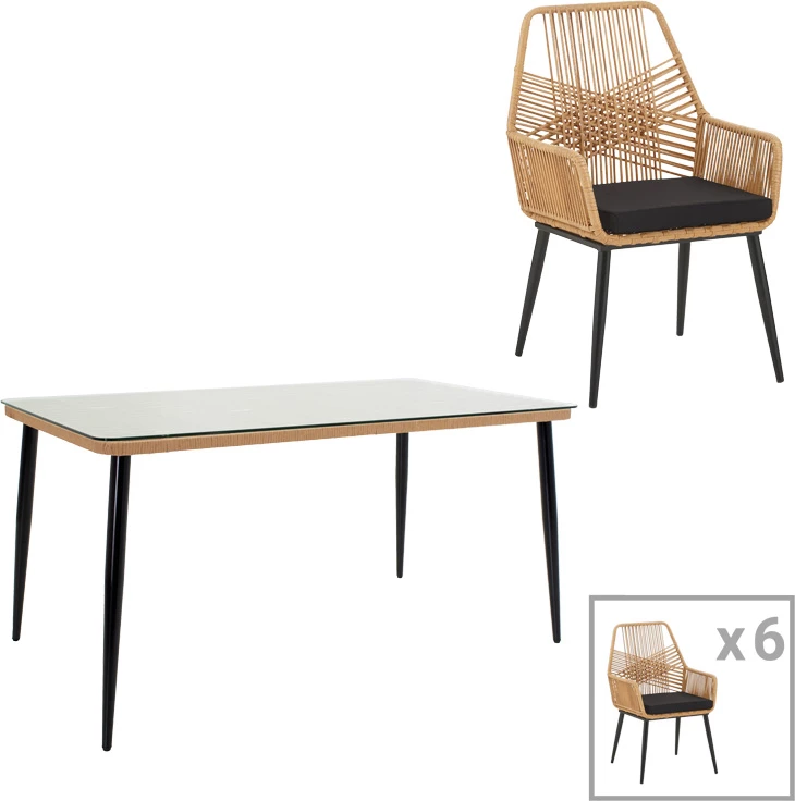 Tavolinë me karrige Naoki-Tanish set prej 7 pjesësh metal zi-pe natyral-xham 160x90x78cm