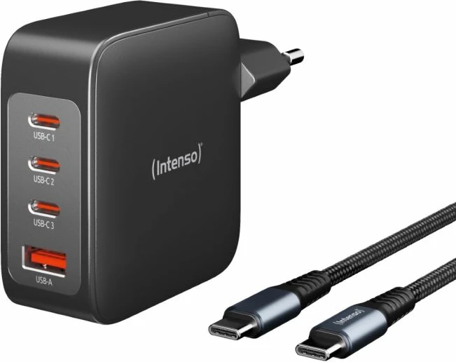 Karikues GaN INTENSO 7814010 140W 3xUSB-C + 1xUSB-A, kabllo USB-C në USB-C 2m 5A e përfshirë, e zezë (set)
