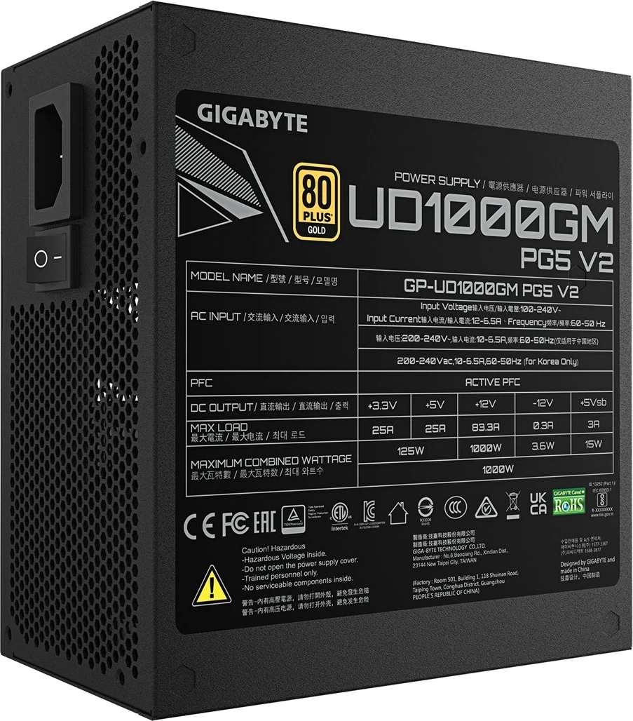 Kasë energjie Gigabyte UD1000GM PG5 V2, 1000W, 80 PLUS Gold, Modular, PCIe Gen 5.1, ATX 3.1, E zezë