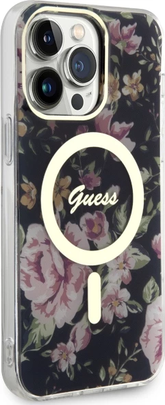 Mbështjellës Guess GUHMP14XHCFWSK për iPhone 14 Pro Max 6.7", MagSafe, lule, zi