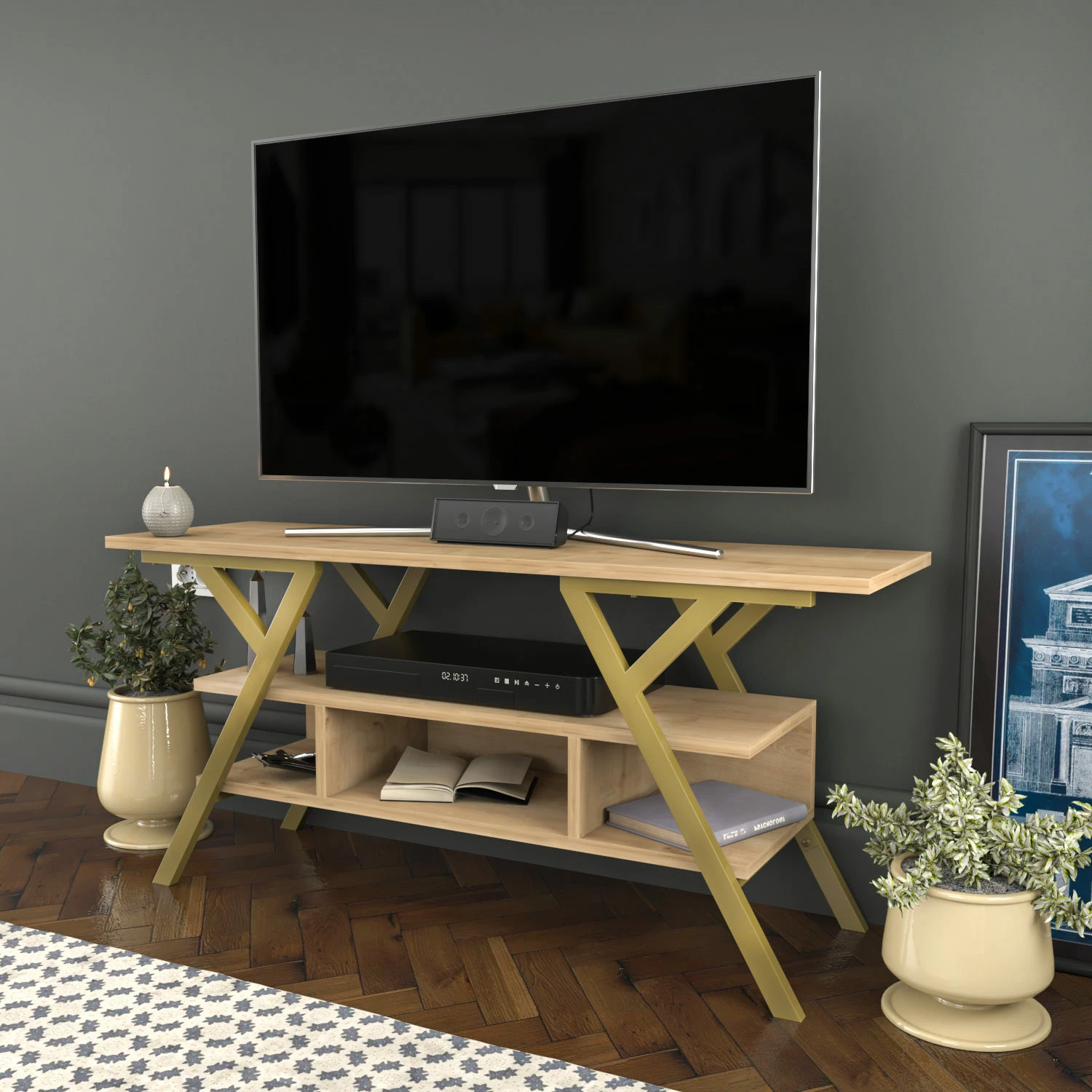 Komodinë për TV Skye Decor, ngjyrë ari, lis, Minerva