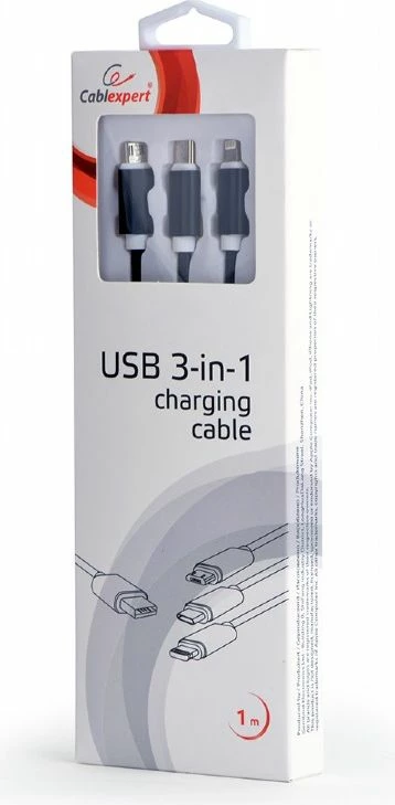 Kabllo karikimi USB Gembird CC-USB2-AM31-1M 1 m, USB-A në USB-C/microUSB/Lightning, USB 2.0, e zezë