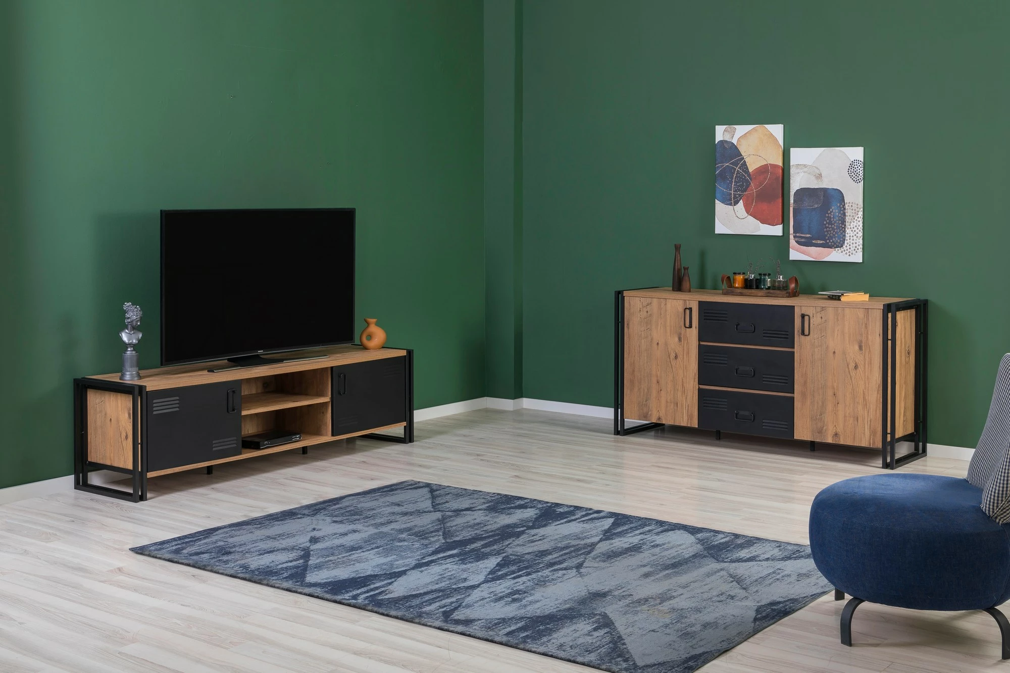 Set mobiljesh për dhomë dite, ngjyrë pishë Atlantike dhe e zezë, Cosmo Takım 22