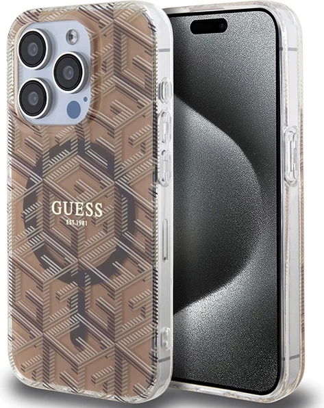Mbështjellës Guess IML GCube MagSafe për iPhone 15 Pro, kafe