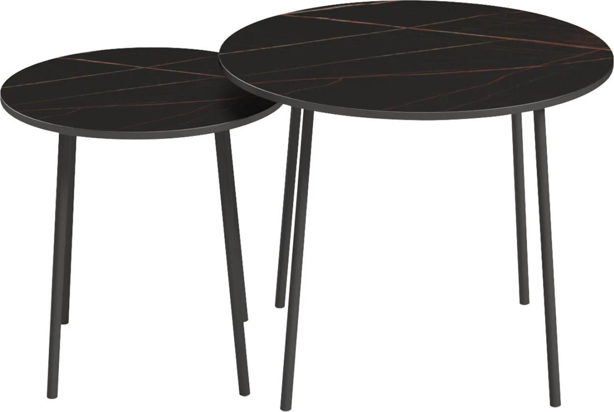 Tavolina kafeje 2 copë, FH9878.13, melaminë, ngjyrë mermeri i zi-metal i zi, Φ55x45H cm