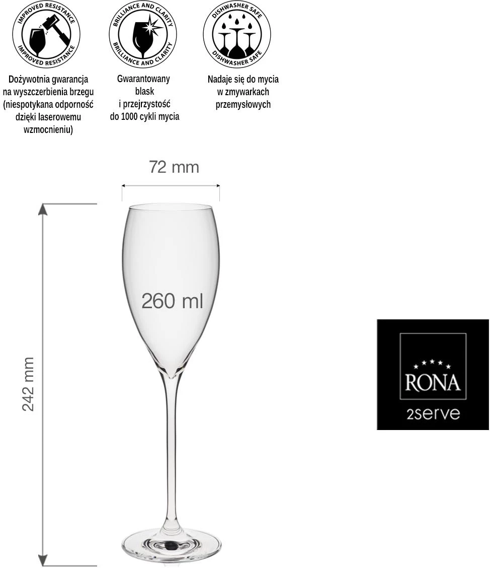 Gotë shampanje RONA Le Vin 260 ml, set 6 copë, transparente
