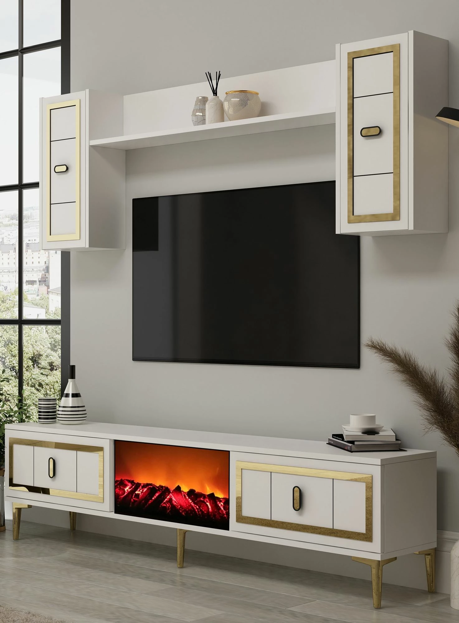 Njësi TV Skye Decor, me oxhak Orion, e bardhë dhe ari