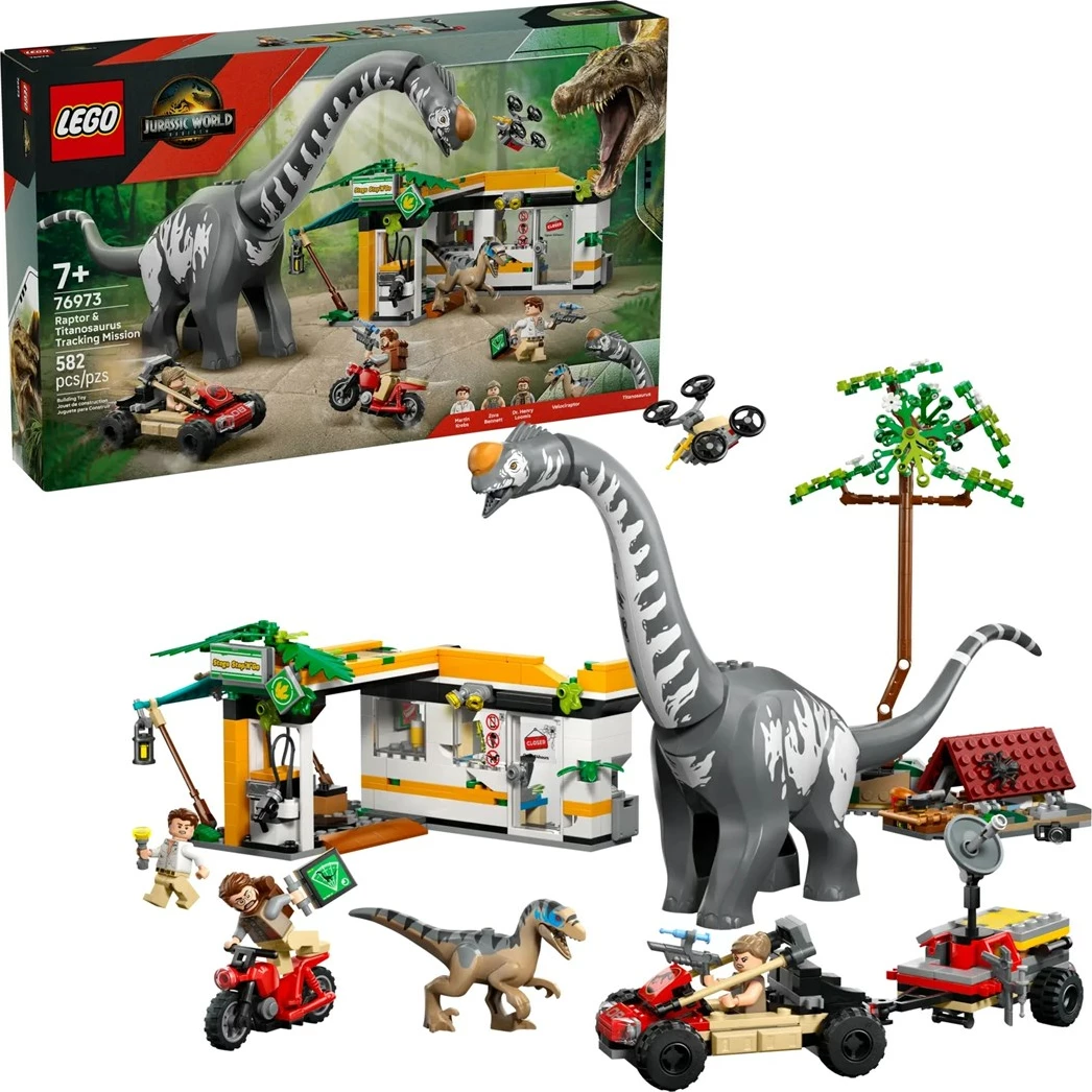 Set lodrash LEGO Jurassic World 76973, Raptor & Titanosaurus Tracking Mission, 3 minifigura, për fëmijë 7+