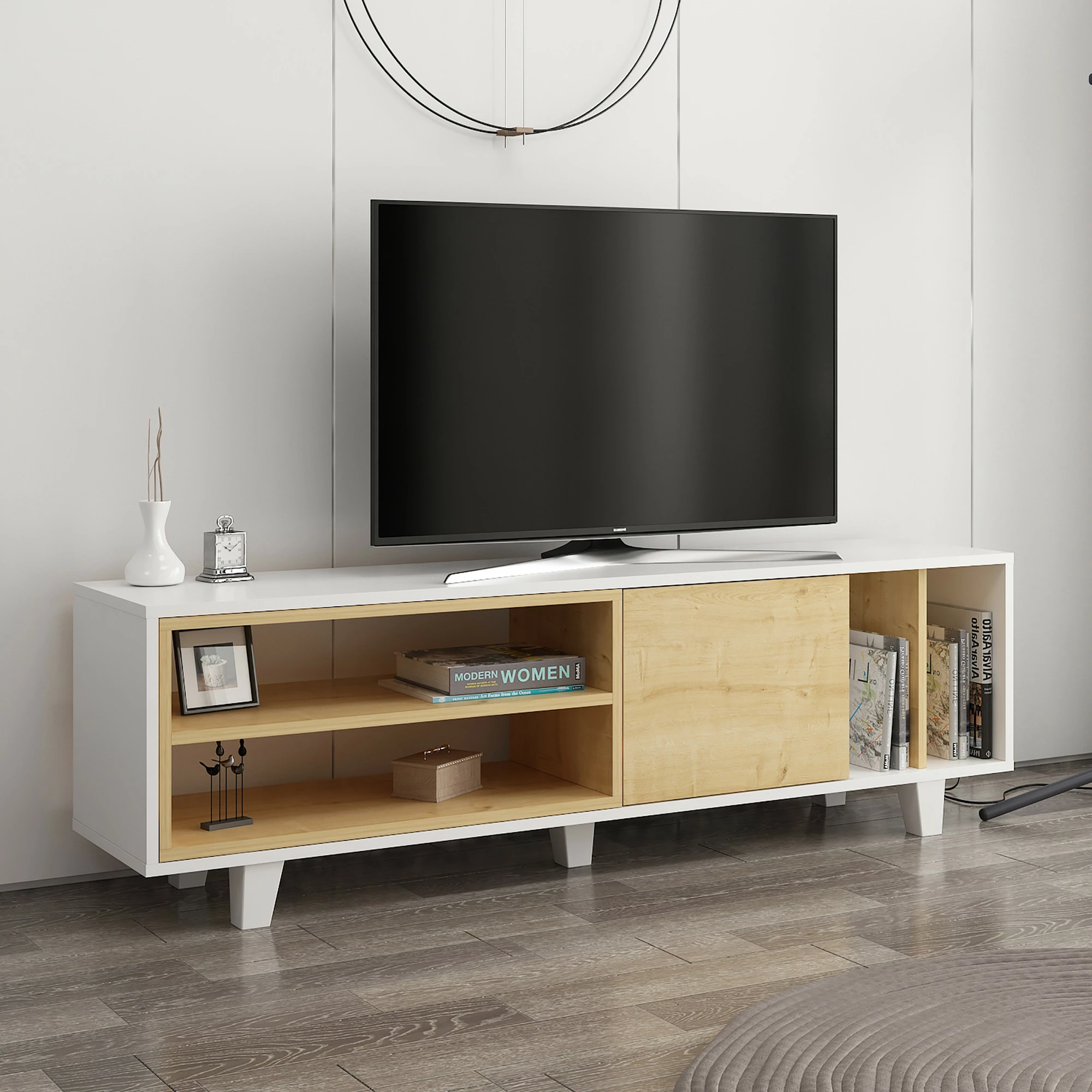 Komodë TV Skye Decor, ngjyrë e bardhë dhe lis, Rosmar