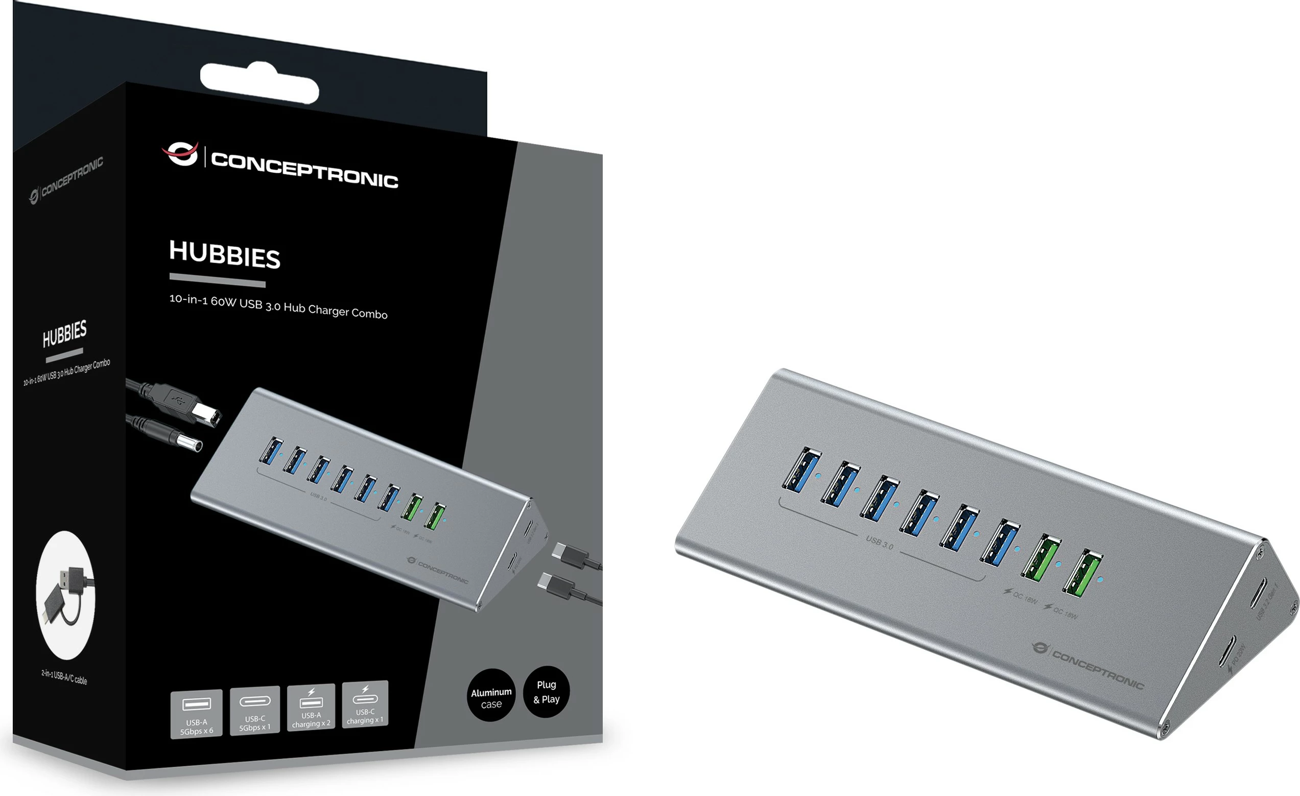 USB hub Conceptronic 10-porta, USB-A 3.0/USB-C, me furnizim energjie, gri