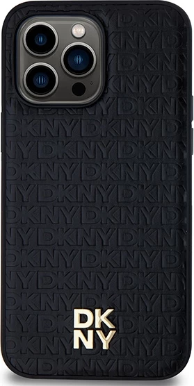 Mbështjellës DKNY Leather Monogram Pattern Metal Logo MagSafe për iPhone 14 Pro Max, Zi