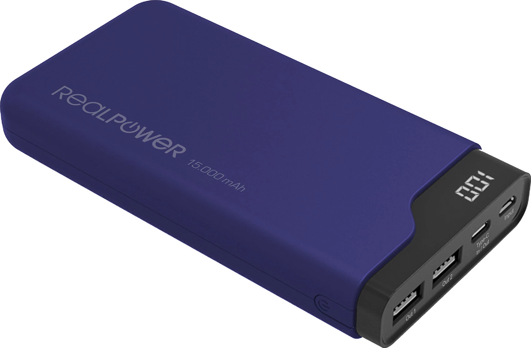 Powerbank RealPower PB-15000C, 15000 mAh, me display, USB-C, blu navy/zi