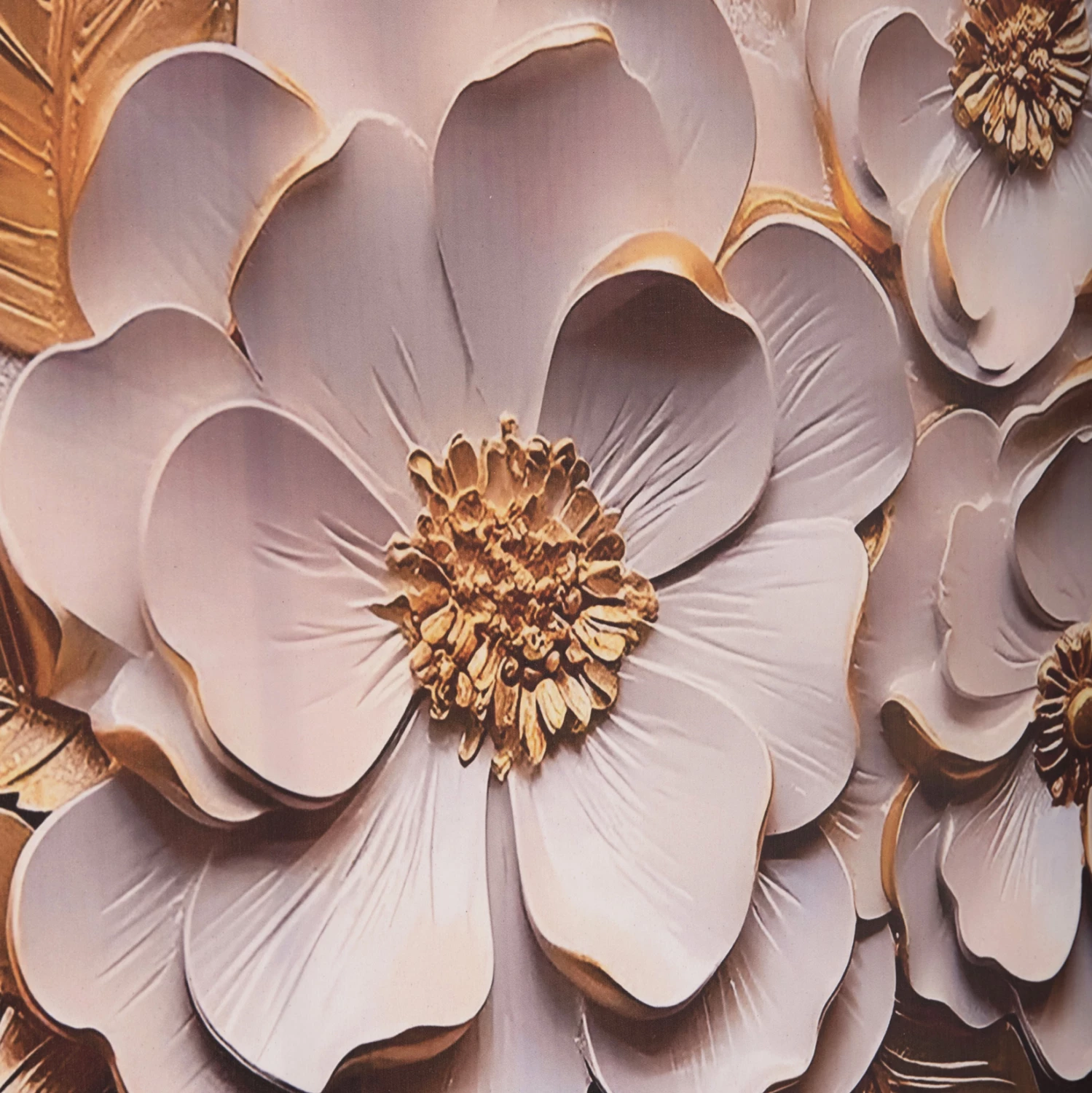 Pikturë muri GOBI, lule të bardha dhe të arta, kanavacë e printuar, 98x2.5x68cm