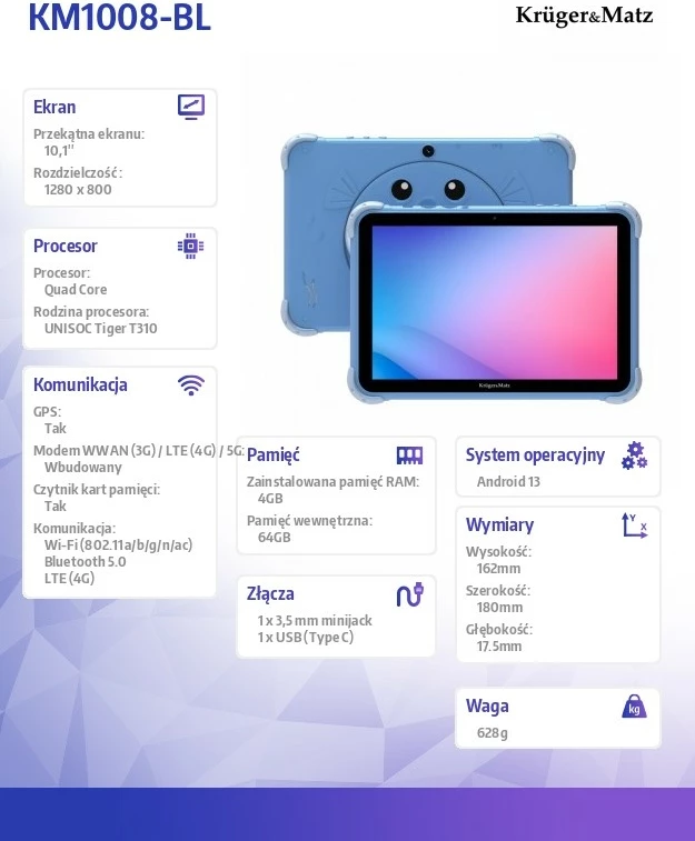 Tablet për fëmijë Kruger & Matz FUN 1008, 64 GB, 4 GB RAM, 10.1", Android 13, Kaltër