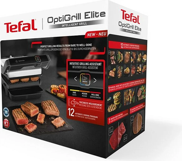 Grill elektrik Tefal OptiGrill Elite GC750D, 2000 W, Touch, 12 programe, e zezë/inoks