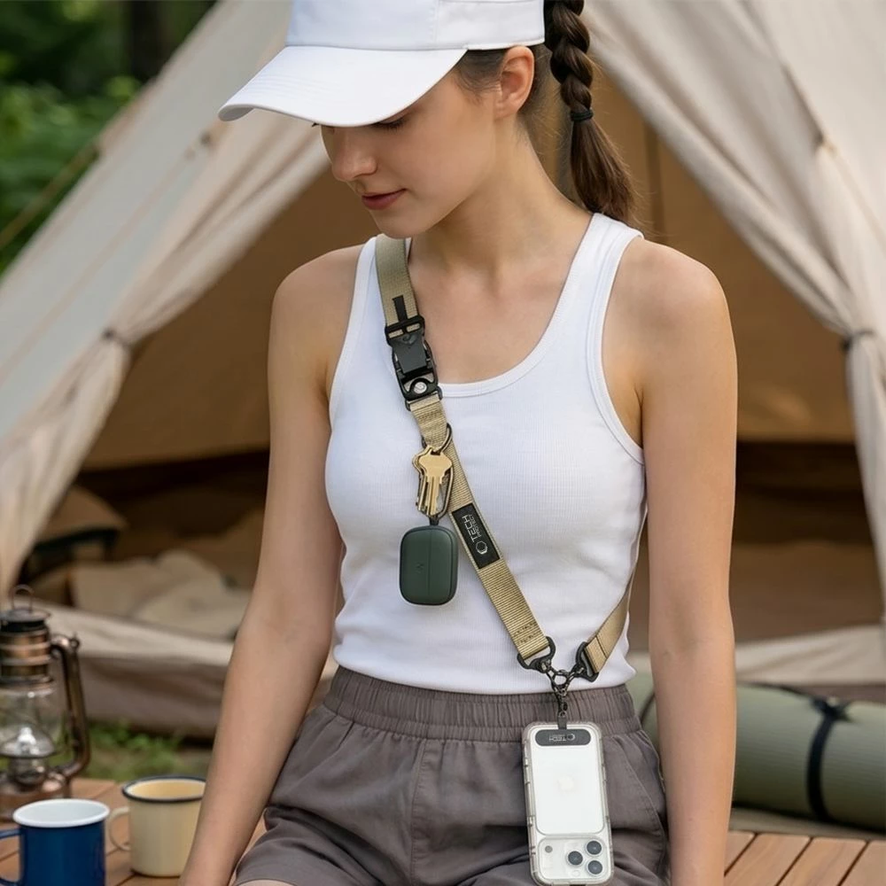 Litar crossbody për celular Tech-Protect C9S Rope Crossbody, i rregullueshëm 91–140 cm, nylon, kapëse magnetike, MOLLE, Beige, set me 2 adapter nën mbështjellës + 2 loop adapter