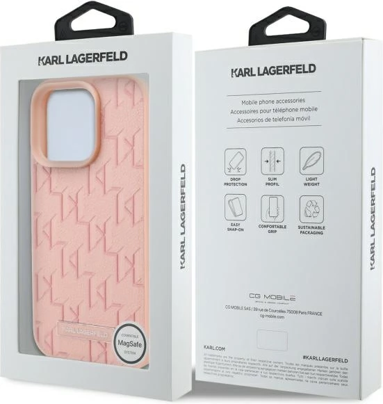 Mbështjellës Karl Lagerfeld Hot Stamp MagSafe për iPhone 16 Pro, Rozë