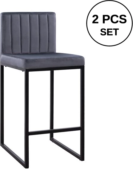 Karrige për bar Piper, kadife gri & kornizë metalike e zezë, FH8525.01, 40x49x96 cm, set prej 2 copë