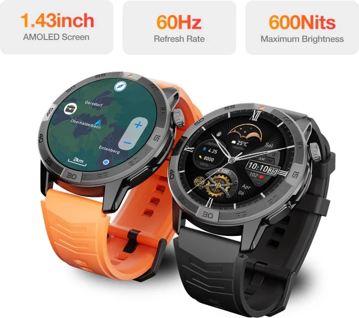 Smartwatch AGM Legion Pro 24166, GPS, harta offline, 5ATM, IP67, MIL-STD-810H, AMOLED 1.43\" 60Hz, Bluetooth thirrje, set me 2 rripa (portokalli neon + zi), i zi