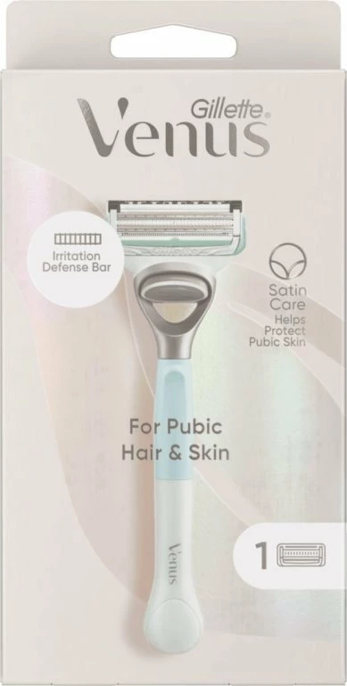 Makinë rroje Gillette Venus Satin Care Pubic Hair & Skin, e ripërdorshme, 1 dorezë + 1 kokë rezervë, bardhë/kaltër e çelët