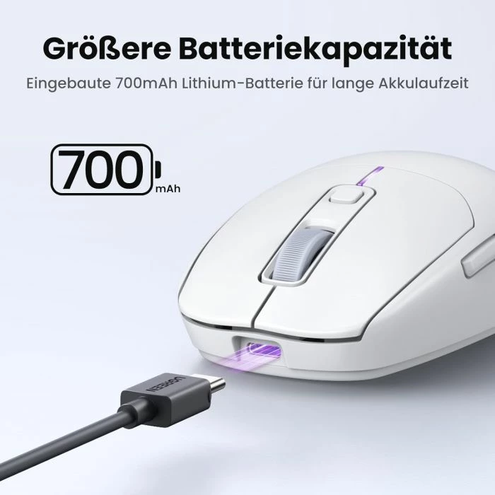 Maus wireless UGREEN 15629 5000 DPI 2.4G + Bluetooth 5.0, USB-C rechargeable, bardhë