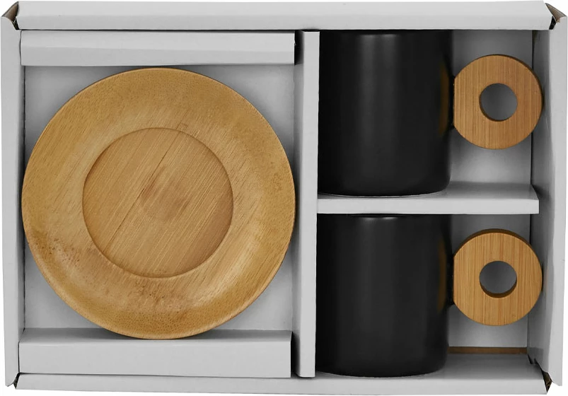 Set filxhanësh espresso Nordic, porcelan i zi, bambu natyral, 2 copë, 20x14x7