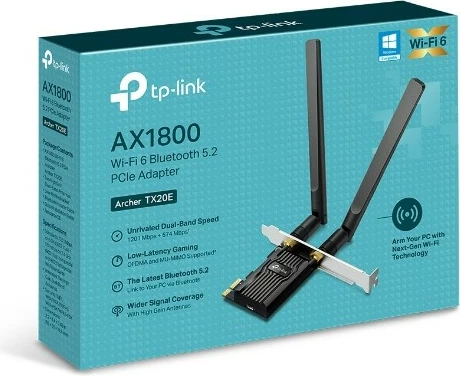 Kartë rrjeti WiFi TP-LINK Archer TX20E, PCIe, AX1800, me Bluetooth 5.2, e zezë