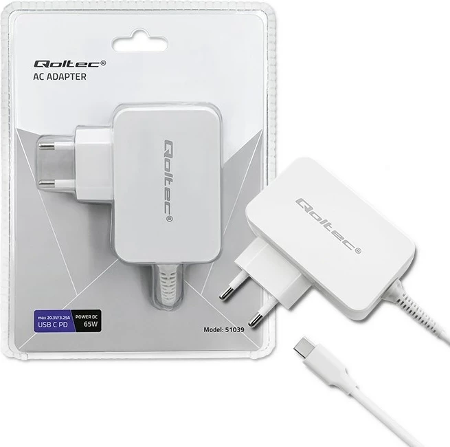 Adapter Qoltec 51039, 65 W, Universal, Bardhë
