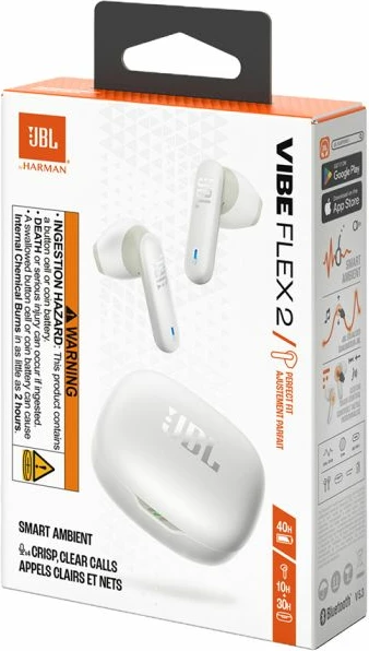 Kufje TWS wireless me mikrofon JBL Vibe Flex 2, Bluetooth 5.3, 12 mm, 40 orë, IP54, të bardha