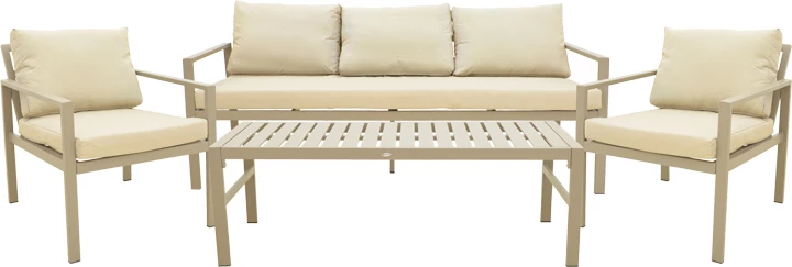 Set lounge për jashtë, 4 pjesë, kornizë alumini, ngjyrë kapuçino, jastëkë gri-bezhë