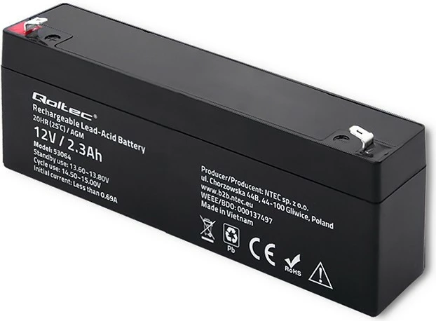 Bateri AGM Qoltec 53064, 12V, 2.3Ah, e zezë
