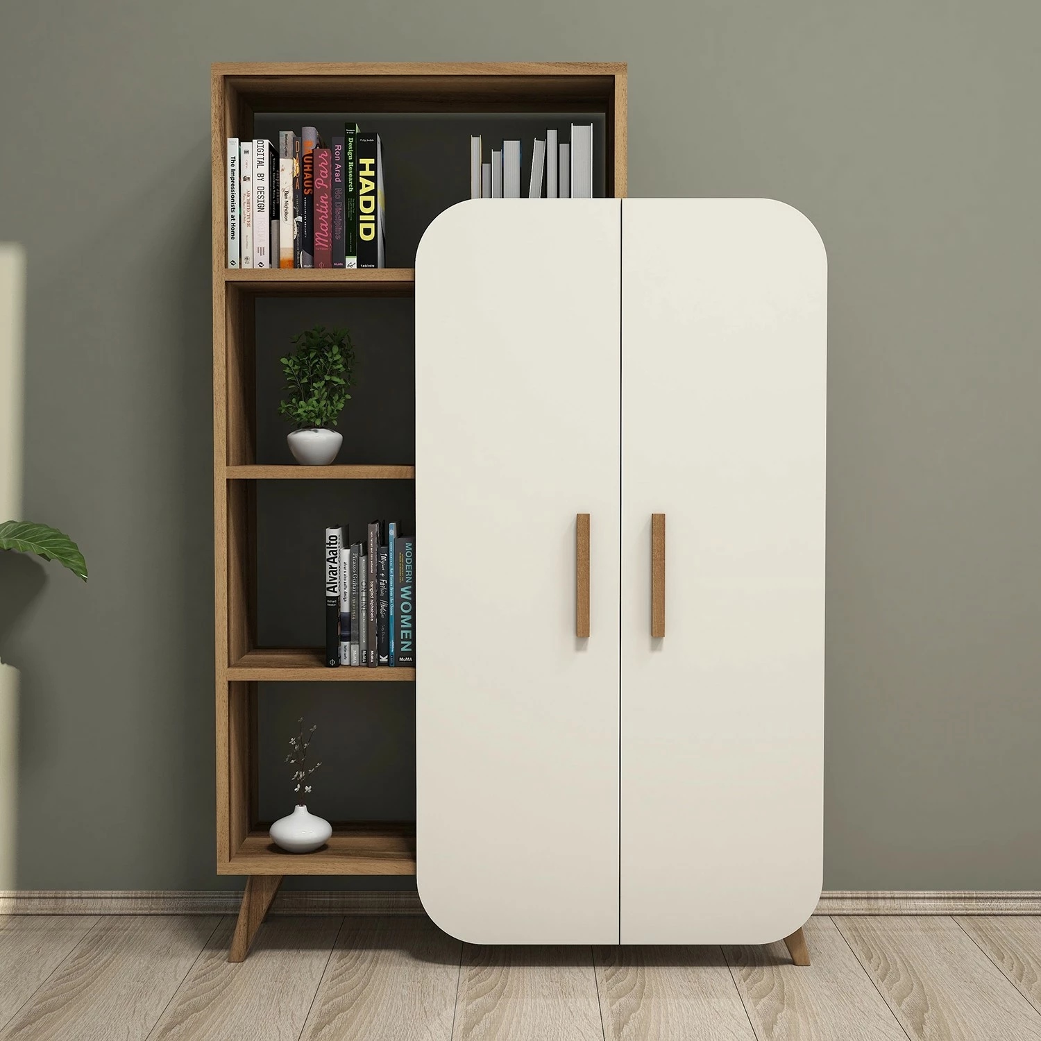 Raft librash Hanah Home, formë moderne, ngjyrë arrë dhe krem