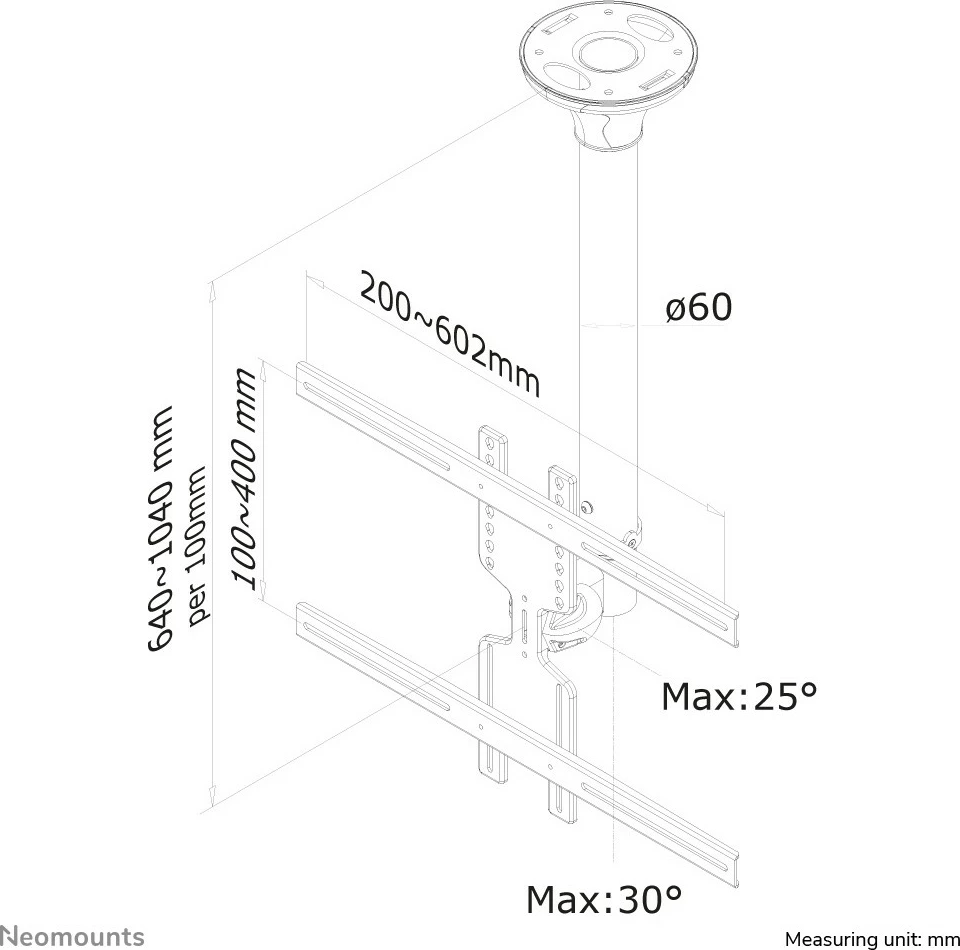 Mbajtës tavani për TV/monitor Newstar FPMA-C400BLACK, 32-60 inç, rregullim lartësie, ngjyrë e zezë