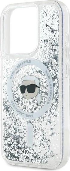 Mbështjellës Karl Lagerfeld Liquid Glitter Karl Head MagSafe për iPhone 15 Pro Max, Transparent