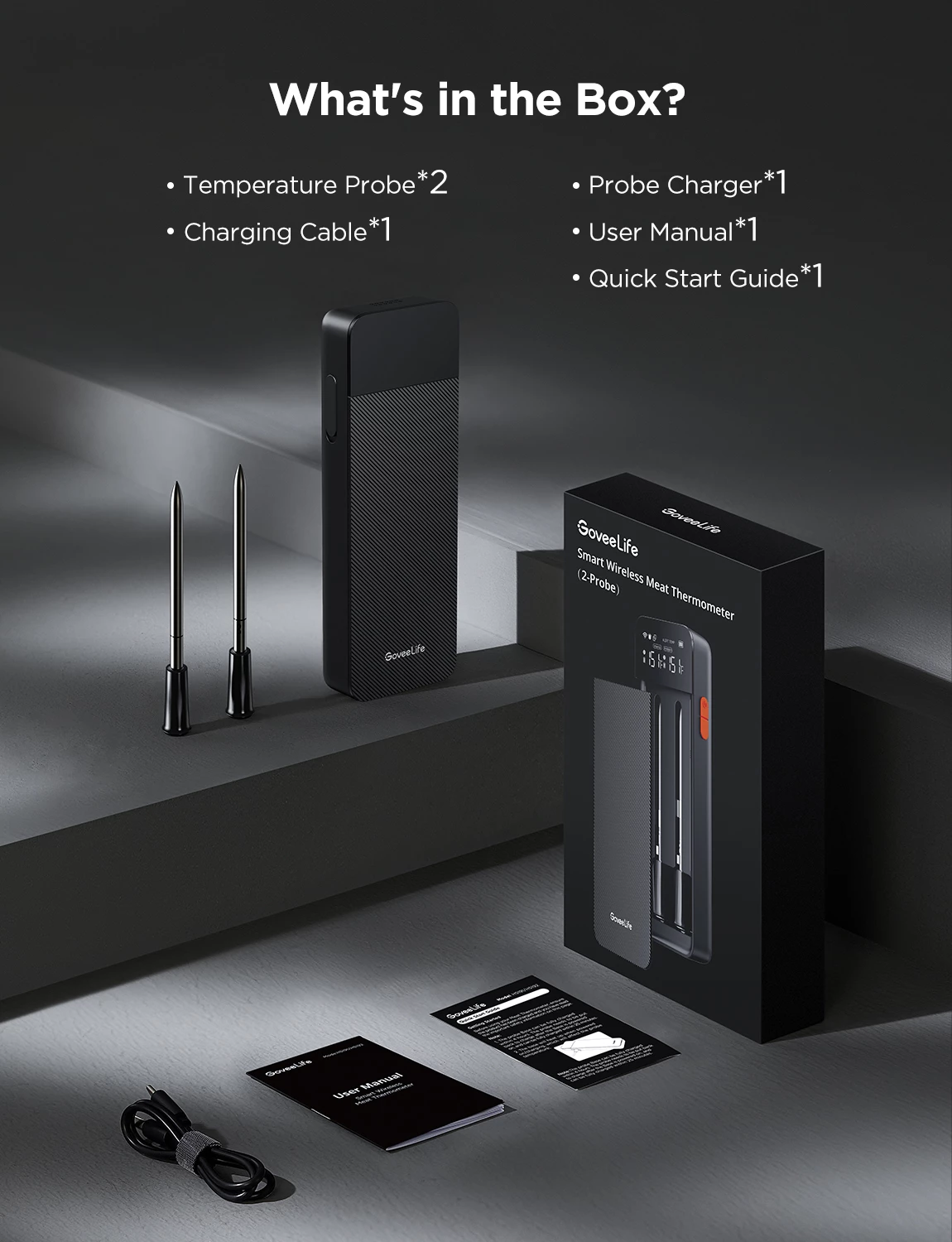 Termometër mishi Govee GoveeLife, wireless Bluetooth + WiFi, 2 sonda, LCD, rreze deri 150 m, i zi